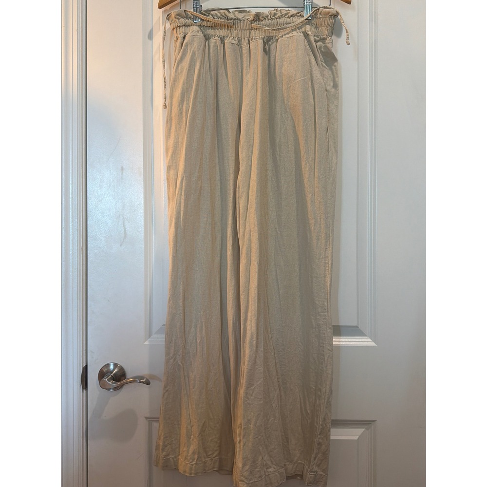 Rewash Los Angeles Beige Linen Blend Paperbag Waist Wide Leg Pants Womens